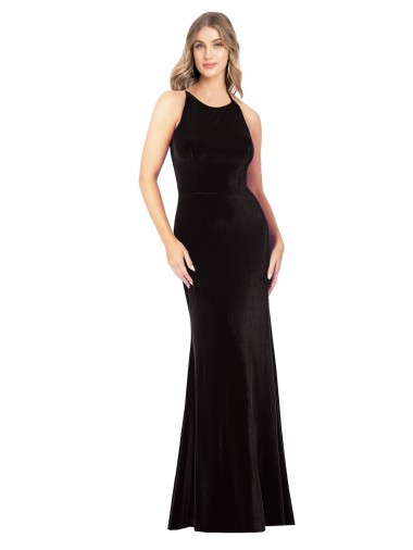 Negro Cubierta Tirantes espagueti Cuello joya Terciopelo Elástico Largo Formales Vestidos de dama de honor / Vestidos de fiesta Al Por Mayor