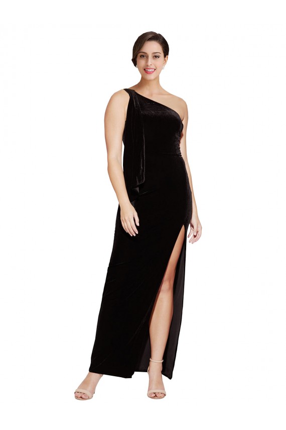 Negro Cubierta Un Hombre Terciopelo Elástico Largo Formales Vestidos de dama de honor / Vestidos de fiesta Al Por Mayor