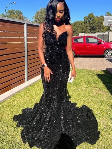 Negro Sirena Cuello de Corazón Lentejuelas Terciopelo Largo Vestidos de fiesta Al Por Mayor