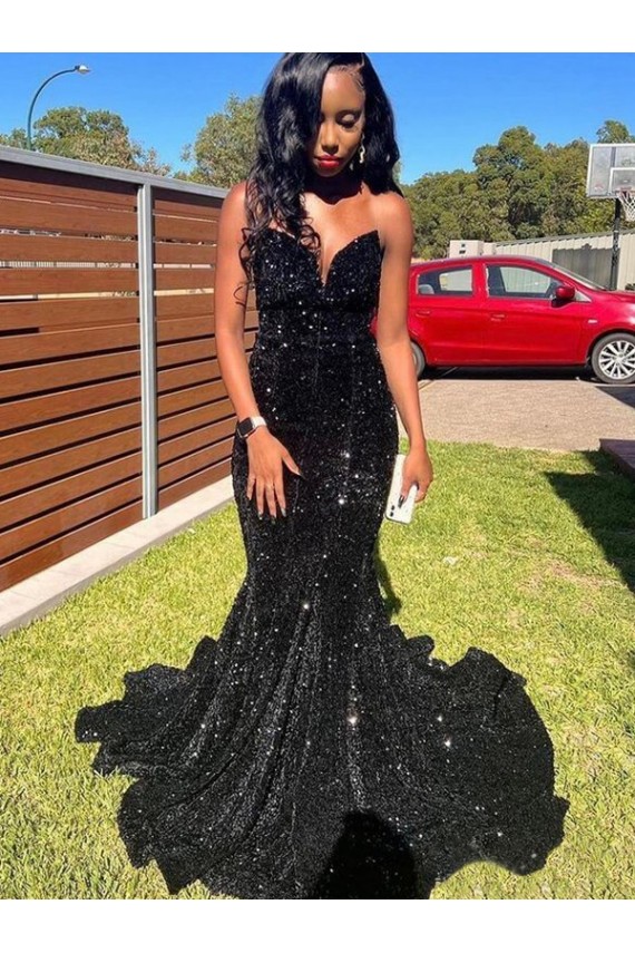Negro Sirena Cuello de Corazón Lentejuelas Terciopelo Largo Vestidos de fiesta Al Por Mayor