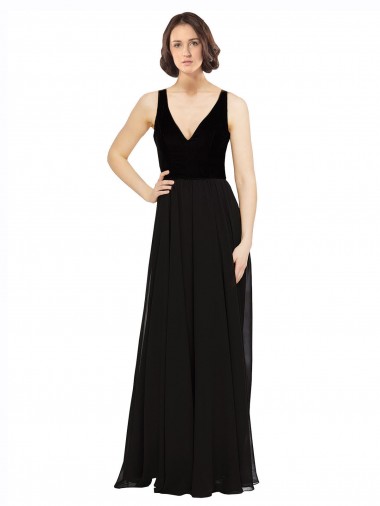 Negro línea A Cuello en V Gasa Terciopelo Largo Vestidos de dama de honor / Vestidos de fiesta Al Por Mayor