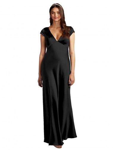 Negro línea A Cuello en V Satén elástico Largo Formales Vestidos de dama de honor / Vestidos de fiesta Al Por Mayor
