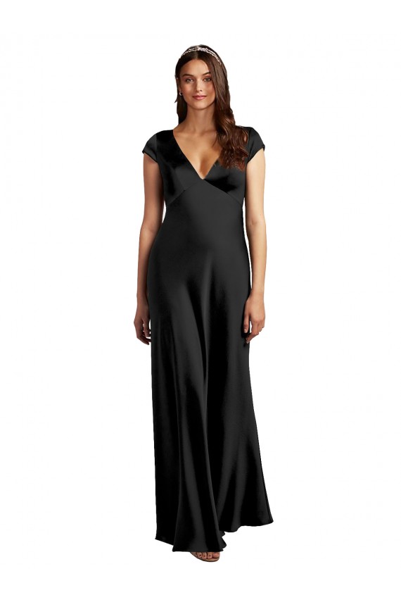 Negro línea A Cuello en V Satén elástico Largo Formales Vestidos de dama de honor / Vestidos de fiesta Al Por Mayor