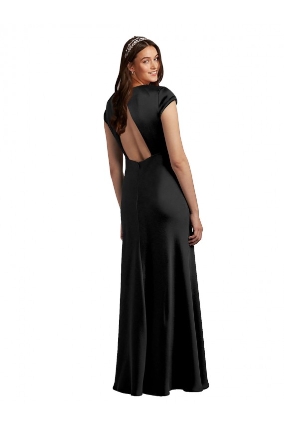 Negro línea A Cuello en V Satén elástico Largo Formales Vestidos de dama de honor / Vestidos de fiesta Al Por Mayor