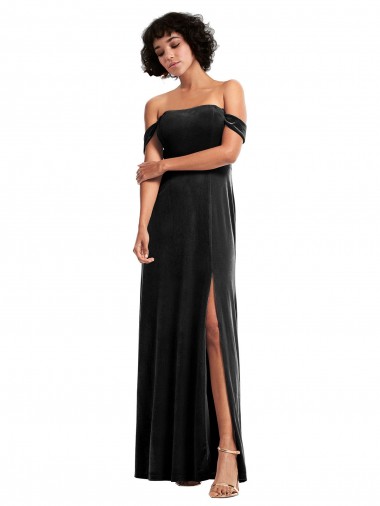 Negro línea A Hombros Descubiertos Sin tirantes Terciopelo Elástico Largo Formales Vestidos de dama de honor / Vestidos de fiesta Al Por Mayor