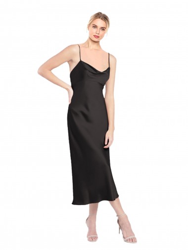 Negro línea A Tirantes espagueti Midi Satén elástico Corto Formales Vestidos de dama de honor / Vestidos de fiesta / Vestidos de cóctel Al Por Mayor