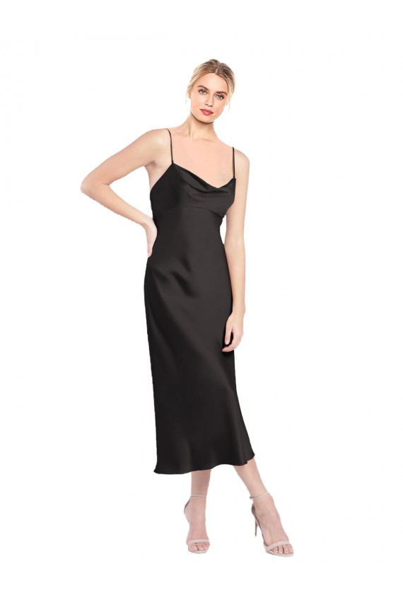 Negro línea A Tirantes espagueti Midi Satén elástico Corto Formales Vestidos de dama de honor / Vestidos de fiesta / Vestidos de cóctel Al Por Mayor