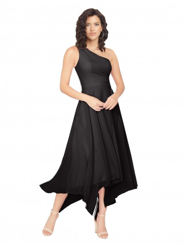 Negro línea A Un Hombre Sin tirantes Midi Gasa Corto Asimétrico Vestidos de dama de honor / Vestidos de cóctel / Vestidos para homecoming Al Por Mayor