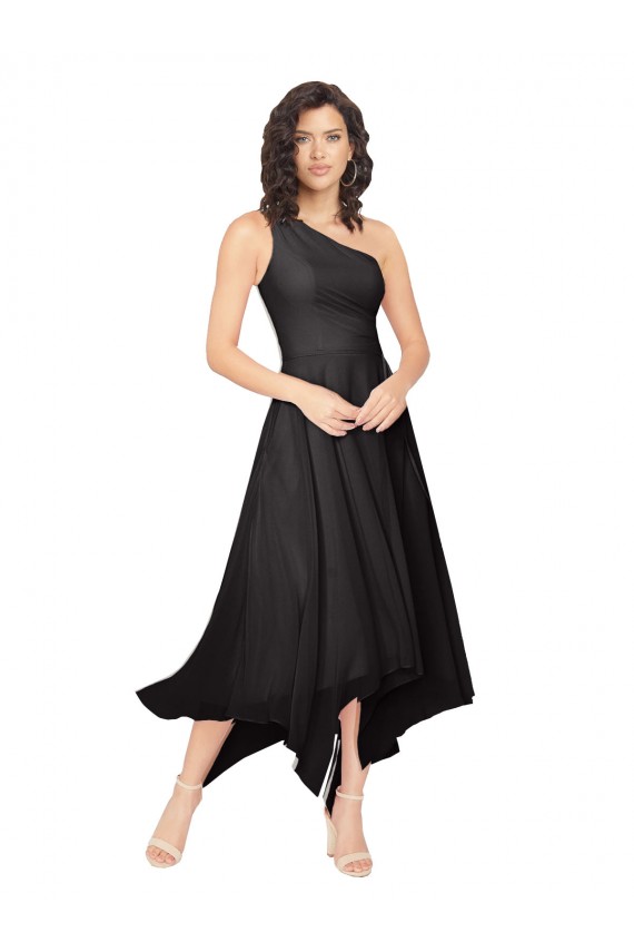 Negro línea A Un Hombre Sin tirantes Midi Gasa Corto Asimétrico Vestidos de dama de honor / Vestidos de cóctel / Vestidos para homecoming Al Por Mayor