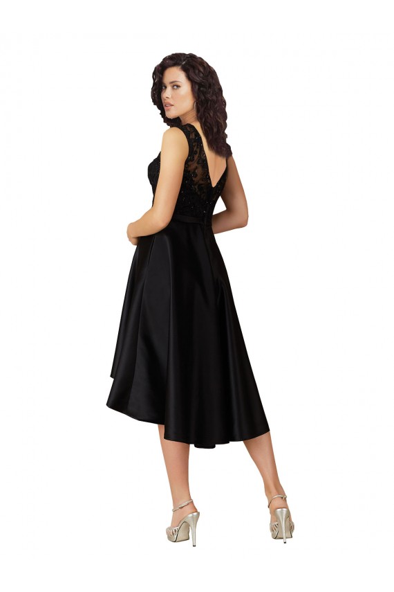 Negro línea A Ilusión Midi Satén Encaje Corto Asimétrico Vestidos de dama de honor / Vestidos de cóctel / Vestidos para homecoming Al Por Mayor