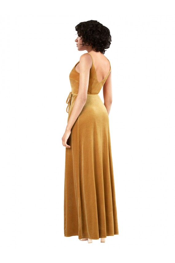 Oro Columna Cuello en V Terciopelo Elástico Largo Formales Vestidos de dama de honor / Vestidos de fiesta Al Por Mayor