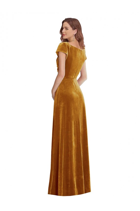 Oro Cubierta Cuello en V Terciopelo Elástico Largo Formales Vestidos de dama de honor / Vestidos de fiesta Al Por Mayor