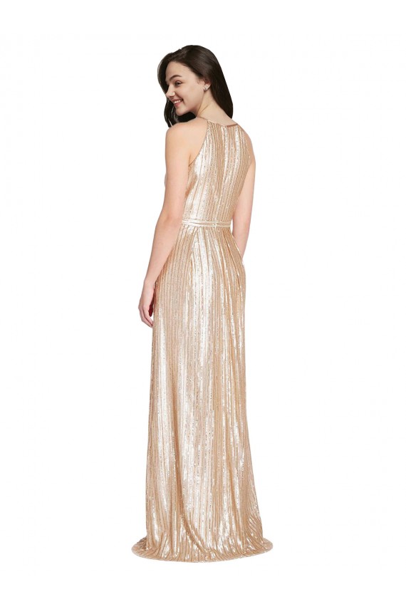 Oro Cubierta Halter Cuello Alto Lentejuela Largo Formales Vestidos de dama de honor / Vestidos de fiesta Al Por Mayor