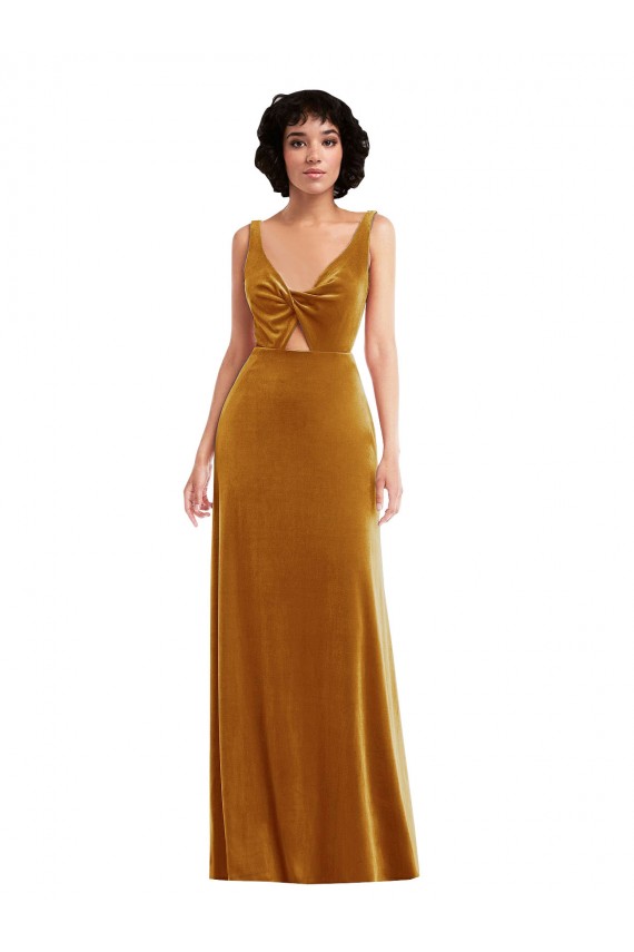 Oro Trompeta Cuello en V Terciopelo Elástico Largo Vestidos de dama de honor / Vestidos de fiesta Al Por Mayor