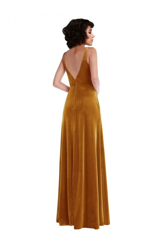Oro Trompeta Cuello en V Terciopelo Elástico Largo Vestidos de dama de honor / Vestidos de fiesta Al Por Mayor