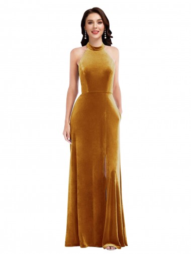 Oro Trompeta Halter Cuello Alto Terciopelo Elástico Largo Vestidos de dama de honor / Vestidos de fiesta Al Por Mayor