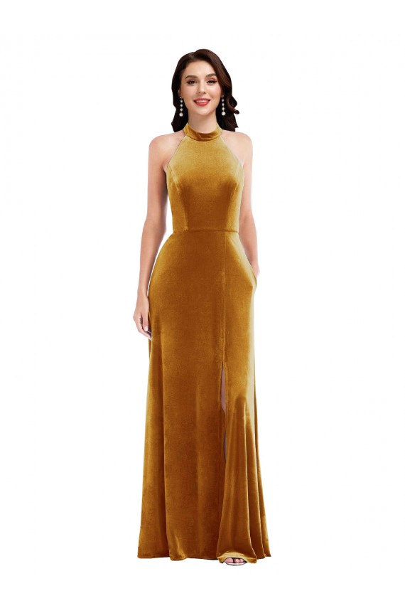 Oro Trompeta Halter Cuello Alto Terciopelo Elástico Largo Vestidos de dama de honor / Vestidos de fiesta Al Por Mayor
