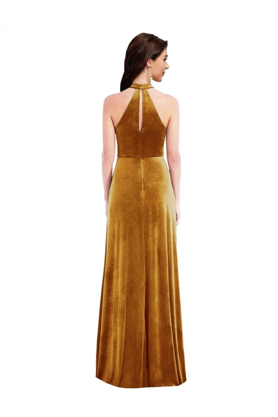 Oro Trompeta Halter Cuello Alto Terciopelo Elástico Largo Vestidos de dama de honor / Vestidos de fiesta Al Por Mayor