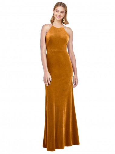 Oro línea A Halter Cuello Alto Terciopelo Elástico Largo Formales Vestidos de dama de honor / Vestidos de fiesta Al Por Mayor