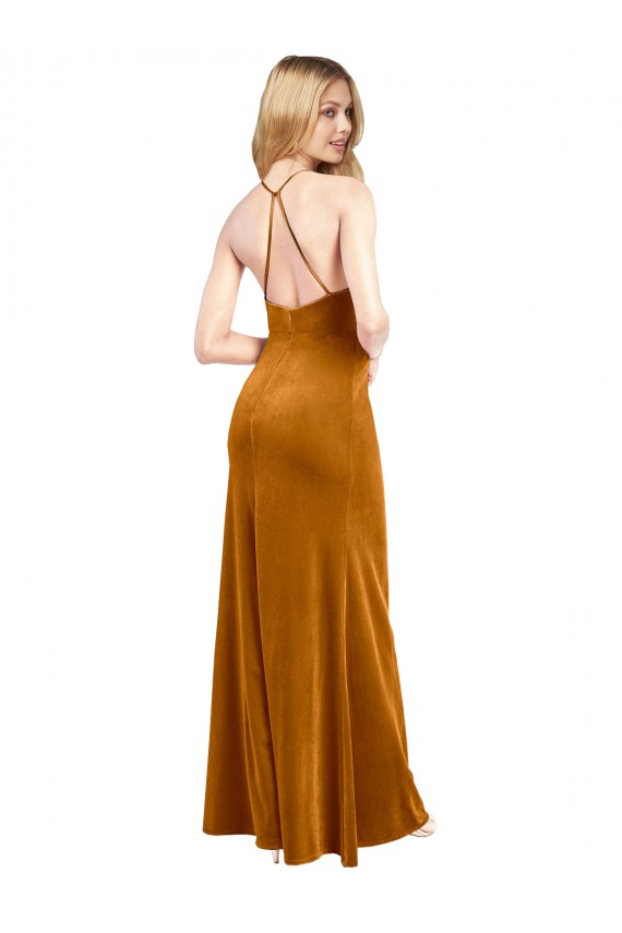 Oro línea A Halter Cuello Alto Terciopelo Elástico Largo Formales Vestidos de dama de honor / Vestidos de fiesta Al Por Mayor