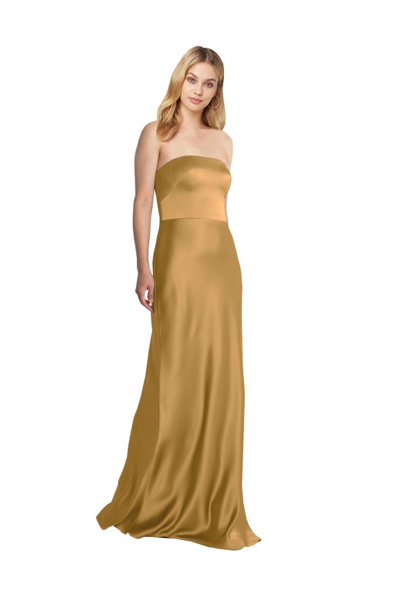 Oro línea A Sin tirantes Satén elástico Largo Formales Vestidos de dama de honor / Vestidos de fiesta Al Por Mayor