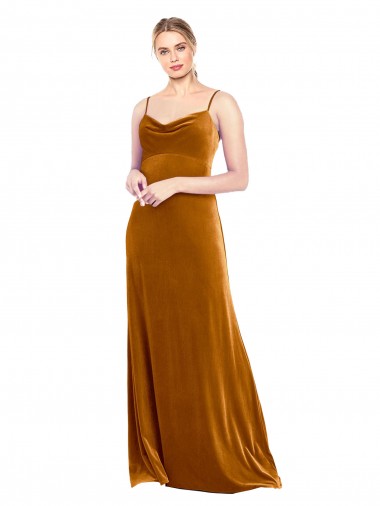 Oro línea A Tirantes espagueti Terciopelo Elástico Largo Vestidos de dama de honor / Vestidos de fiesta Al Por Mayor
