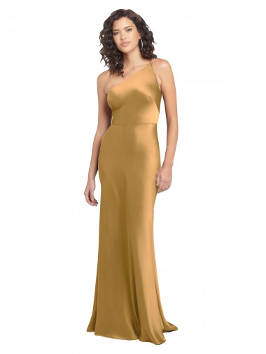 Oro línea A Un Hombre Satén elástico Largo Formales Vestidos de dama de honor / Vestidos de fiesta Al Por Mayor