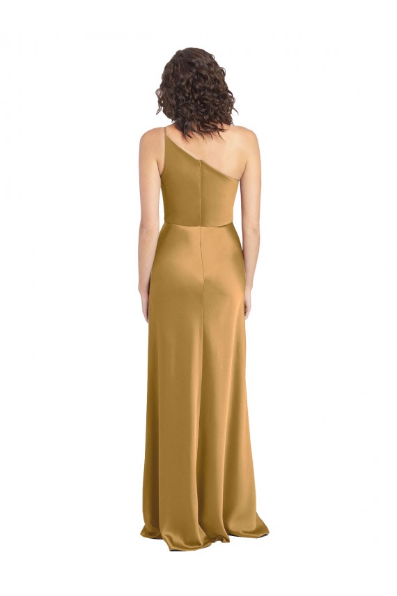 Oro línea A Un Hombre Satén elástico Largo Formales Vestidos de dama de honor / Vestidos de fiesta Al Por Mayor