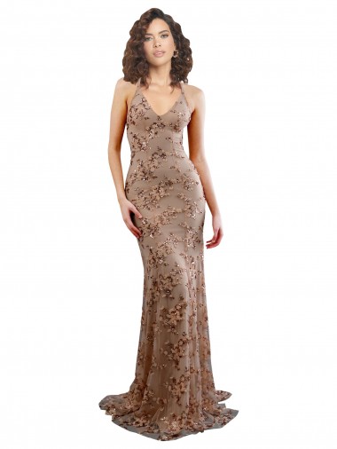 Oro rosa Sirena Cuello en V Cuello Alto Crepé Elástico Lentejuela Tul Largo Formales Vestidos de dama de honor / Vestidos de fiesta Al Por Mayor