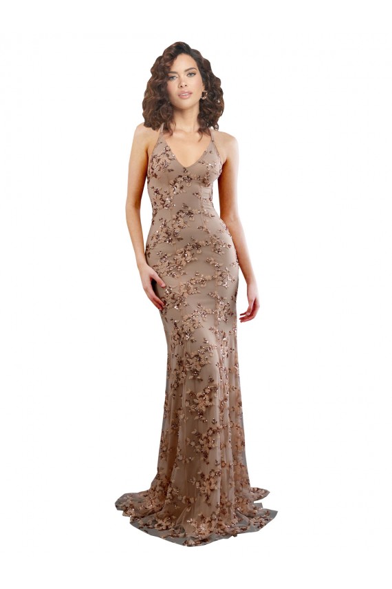 Oro rosa Sirena Cuello en V Cuello Alto Crepé Elástico Lentejuela Tul Largo Formales Vestidos de dama de honor / Vestidos de fiesta Al Por Mayor