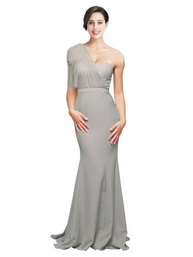 Ostra Plata Sirena Un Hombre Cuello de Corazón Barrer tren Crepé Elástico Tul Largo Formales Vestidos de dama de honor / Vestidos de fiesta Al Por Mayor