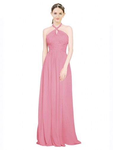Piel rosa línea A Halter Cuello en V Gasa Largo Vestidos de dama de honor Al Por Mayor
