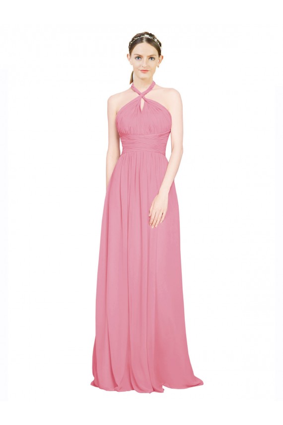 Piel rosa línea A Halter Cuello en V Gasa Largo Vestidos de dama de honor Al Por Mayor
