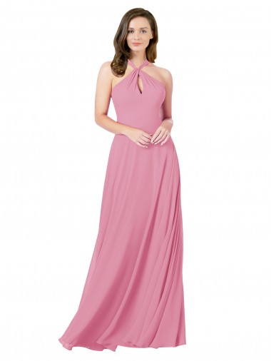 Piel rosa línea A Halter Gasa Largo Vestidos de dama de honor / Vestidos de fiesta Al Por Mayor