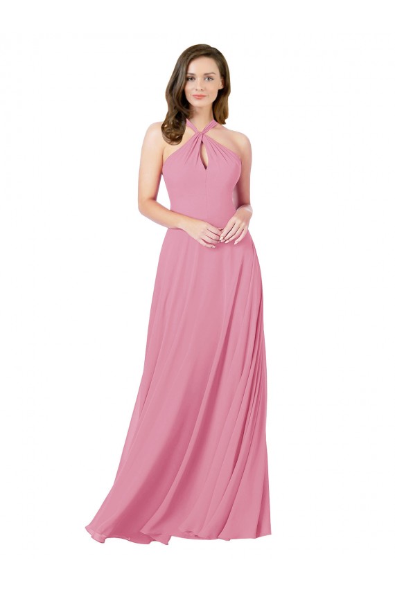Piel rosa línea A Halter Gasa Largo Vestidos de dama de honor / Vestidos de fiesta Al Por Mayor