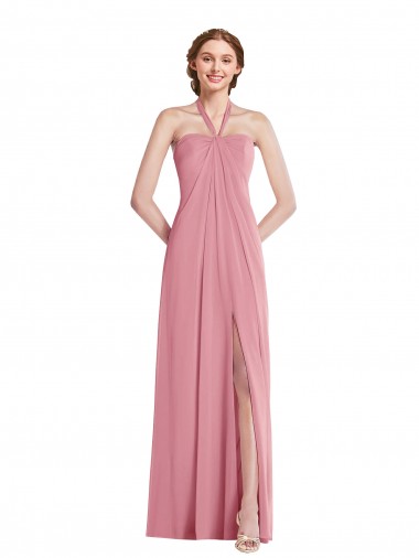 Piel rosa línea A Halter Gasa Largo Vestidos de dama de honor Al Por Mayor