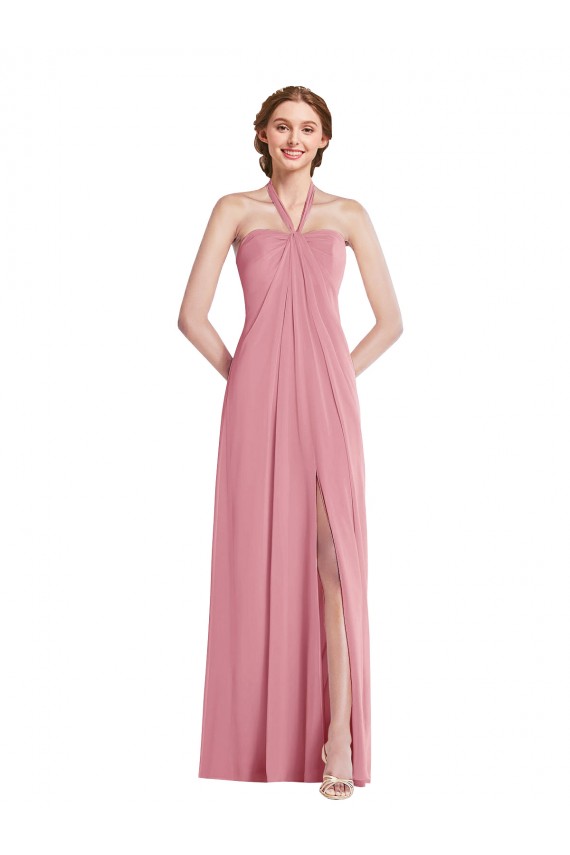 Piel rosa línea A Halter Gasa Largo Vestidos de dama de honor Al Por Mayor