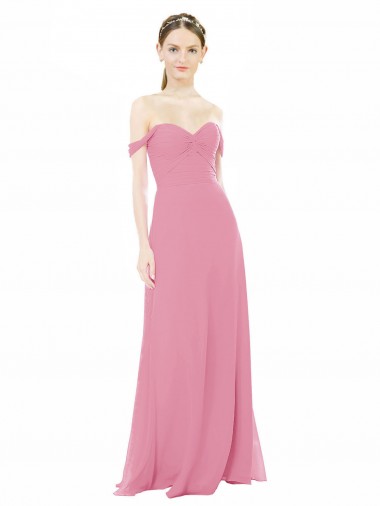 Piel rosa línea A Hombros Descubiertos Gasa Largo Vestidos de dama de honor Al Por Mayor