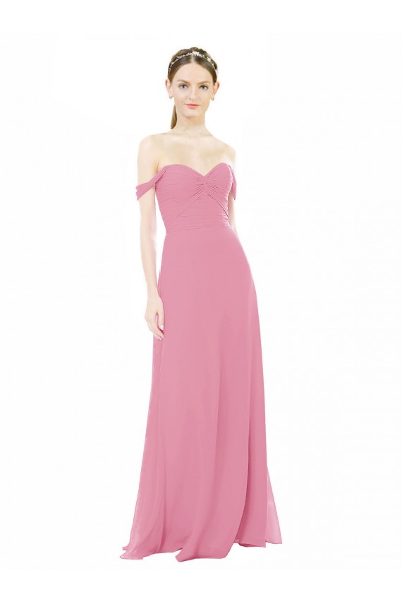 Piel rosa línea A Hombros Descubiertos Gasa Largo Vestidos de dama de honor Al Por Mayor