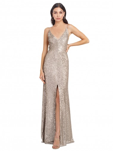 Plata Cubierta Cuello en V Cuello Alto Lentejuela Lentejuelas brillantes Largo Formales Vestidos de dama de honor / Vestidos de fiesta Al Por Mayor
