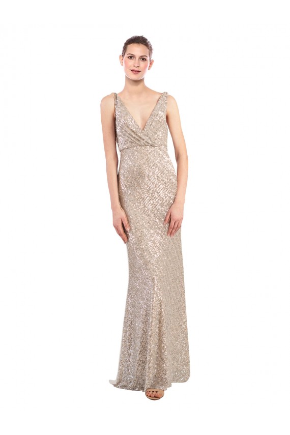 Plata Cubierta Cuello en V Lentejuela Lentejuelas brillantes Largo Formales Vestidos de dama de honor / Vestidos de fiesta Al Por Mayor