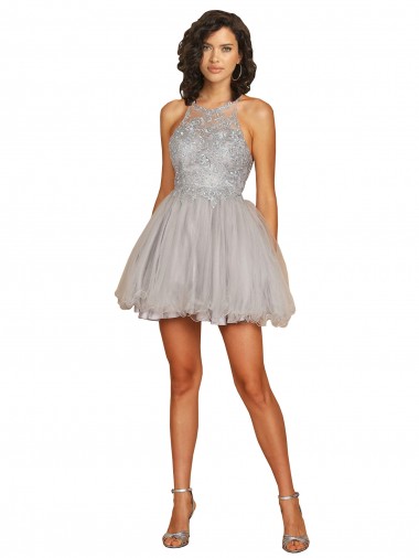 Plata línea A Halter Corto Tul Corto Vestidos de dama de honor / Vestidos de cóctel / Vestidos para homecoming Al Por Mayor