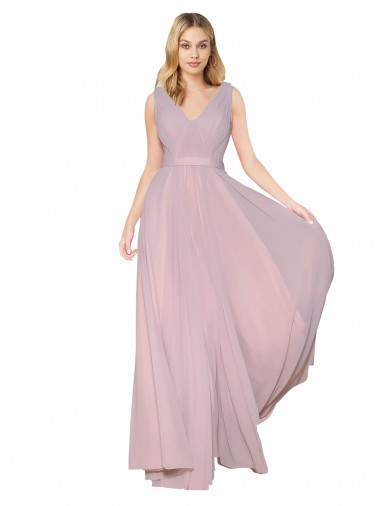 Primavera línea A Cuello en V Cuello Alto Gasa Largo Formales Vestidos de dama de honor / Vestidos de fiesta Al Por Mayor