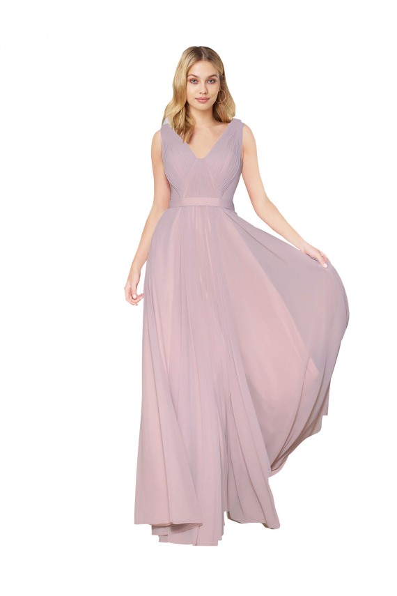 Primavera línea A Cuello en V Cuello Alto Gasa Largo Formales Vestidos de dama de honor / Vestidos de fiesta Al Por Mayor