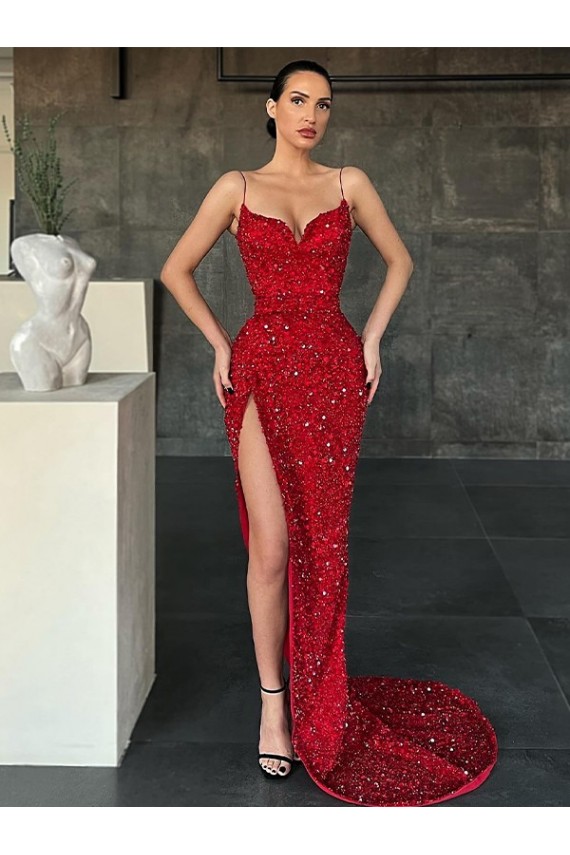 Rojo Cubierta Cuello en V Barrer tren Lentejuelas Terciopelo Largo Vestidos de fiesta Al Por Mayor