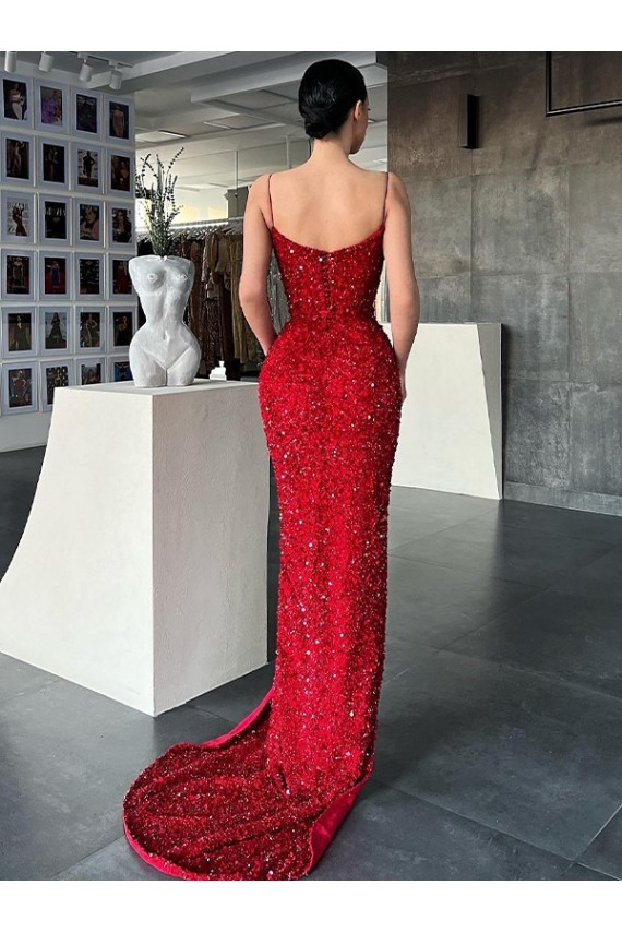 Rojo Cubierta Cuello en V Barrer tren Lentejuelas Terciopelo Largo Vestidos de fiesta Al Por Mayor
