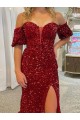 Rojo Cubierta Hombros Descubiertos Cola corte Lentejuelas Terciopelo Largo Vestidos de fiesta Al Por Mayor