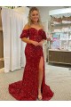 Rojo Cubierta Hombros Descubiertos Cola corte Lentejuelas Terciopelo Largo Vestidos de fiesta Al Por Mayor