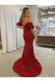 Rojo Cubierta Hombros Descubiertos Cola corte Lentejuelas Terciopelo Largo Vestidos de fiesta Al Por Mayor