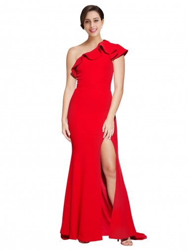 Rojo Cubierta Un Hombre Barrer tren Crepé Elástico Largo Vestidos de dama de honor / Vestidos de fiesta Al Por Mayor